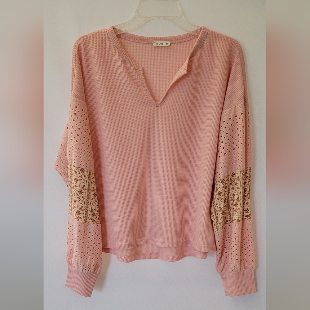 KORI Blush Waffle Knit Long Sleeve Top Size M